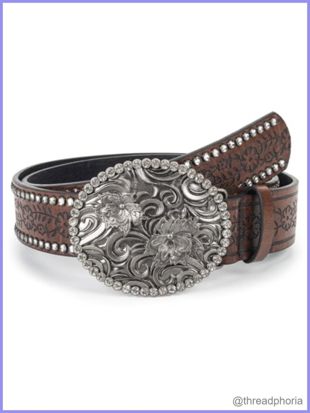 Western Floral Embossed PU-Leather Belt Diamond Buckle 28-38" Waist